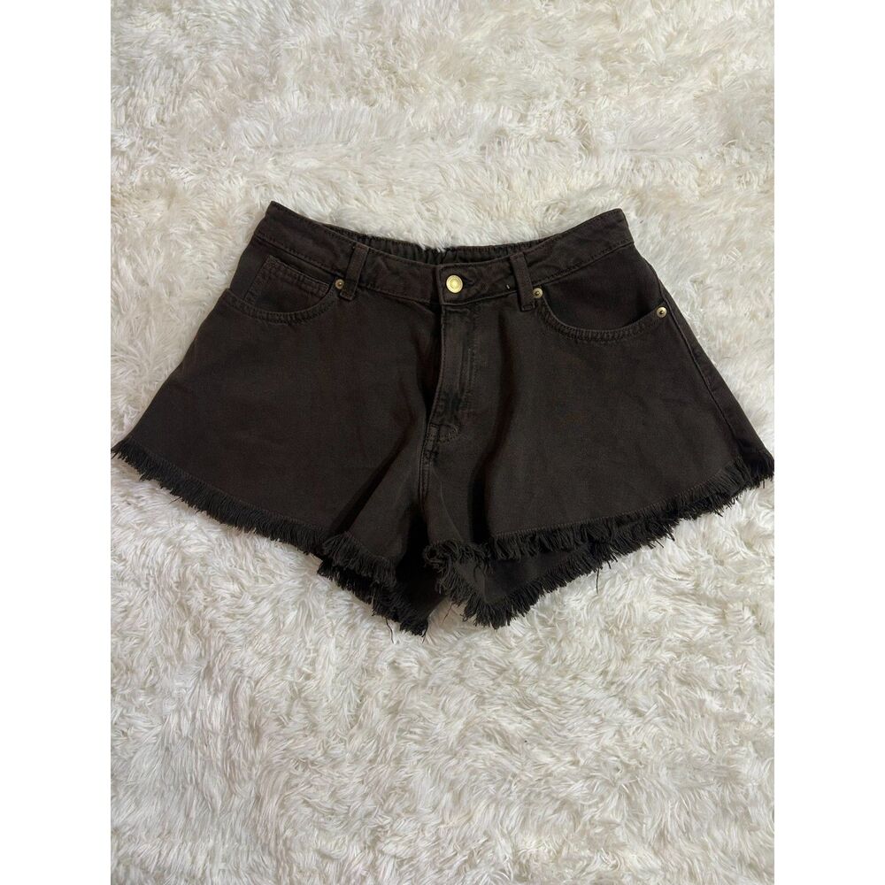 NWT HM Divided Womens Size 6 Brown Frayed Hem Flare A Line Denim Shorts Festival